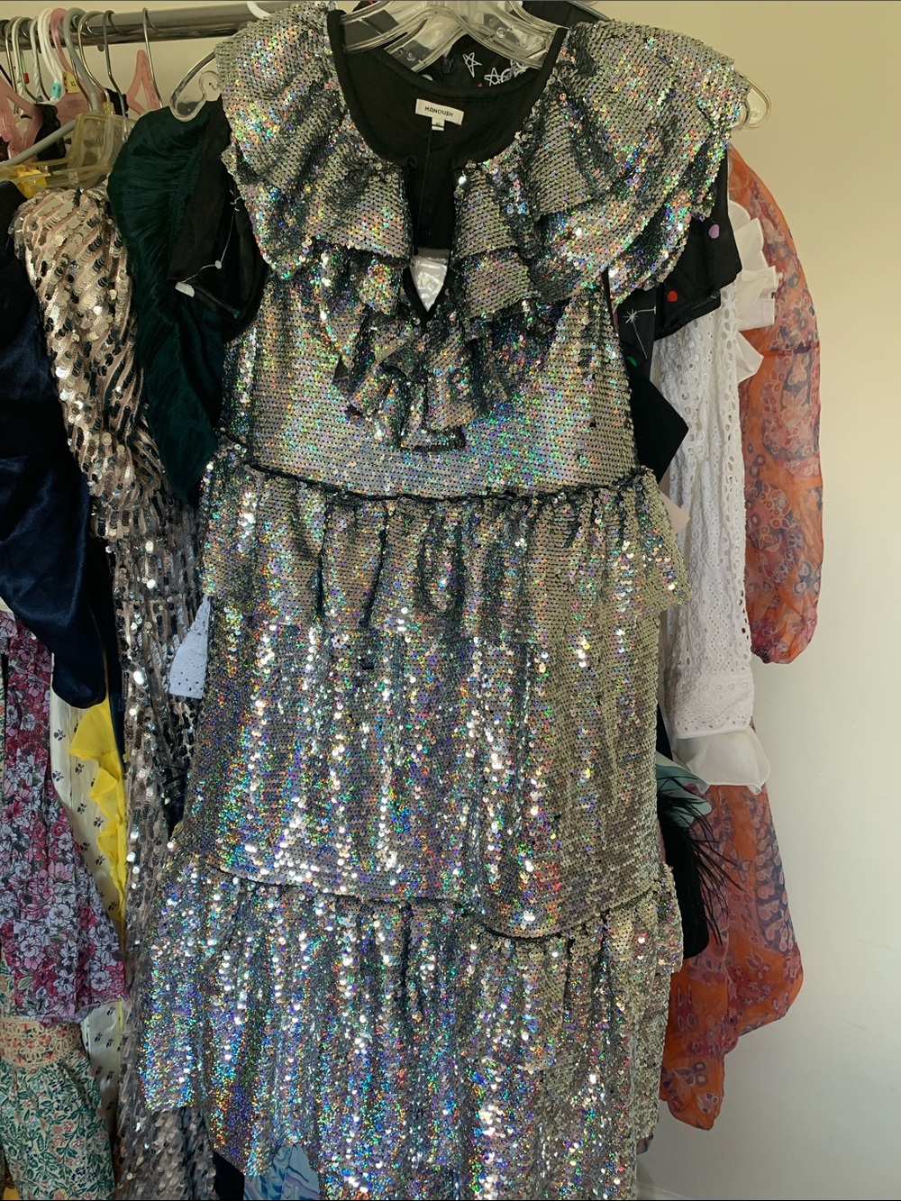NWT Manoush Silver Sequin Ruffle Dress